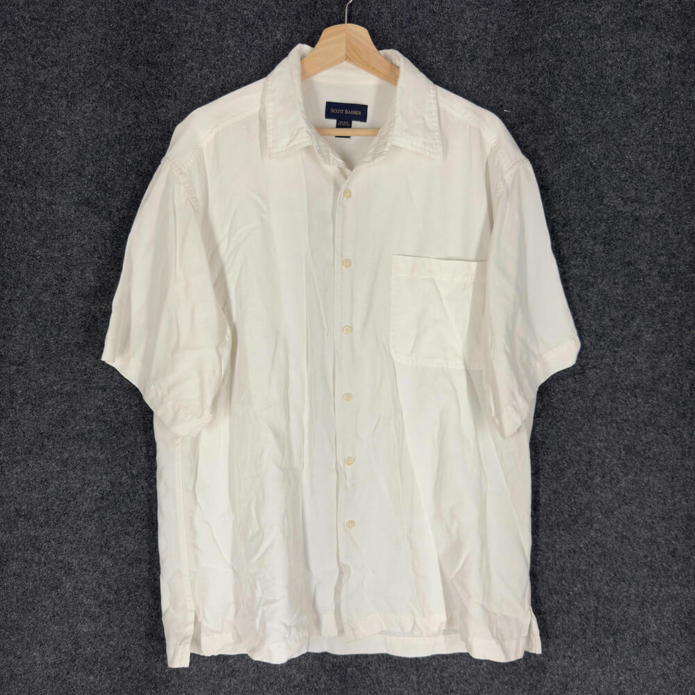 Scott Barber Shirt Men L Large White Button Up Collared Silk Short Sleeve